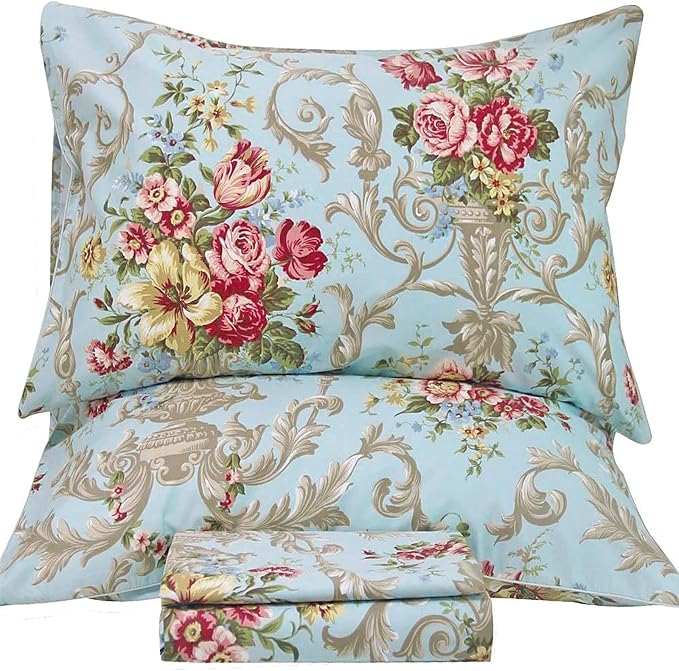 QSH Floral King Size Sheet Sets - Luxury Peony Flower Print Pattern Egyptian Cotton Printed Bedding Sheets 4pcs Extra Soft and Breathable 17.5" Extra Deep Pocket King Size Sheets
