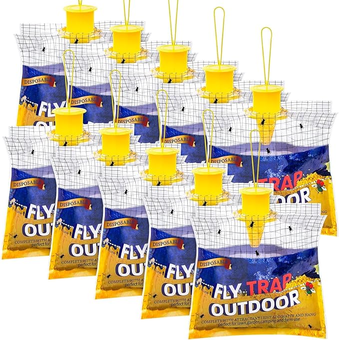 Disposable Fly Traps 10 Pack Bags Outdoor, Flies Catcher Traps with Natural Pre-Bait Refill Repellent, Reusable Stable Horse Ranch Trapper Outdoor Hanging Fly Killer Helps Control Flies