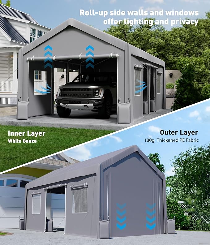 IDEALHOUSE 2-Pack Heavy-Duty 180G Zipper Doors Replacement for Carport - 13' x 20' to 13' x 25' Portable Garage Tent Shelter, Windproof & Waterproof UV-Protected Tarp (Doors Only) - Gray