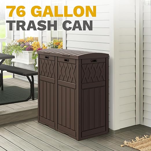 DWVO 76 Gallon Garbage Dual Can, Resin Outdoor Trash Can with Tiered Lid and Drip Tray, Waterproof Trash Bin for Patio, Kitchen, Backyard(Brown)