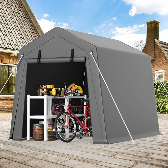 6x8 ft Outdoor Portable Garage - Storage Shelter Shed with Waterproof Tarp, 2 Roll-Up Doors for Motorcycles, Bikes, Garden Tools & Equipment