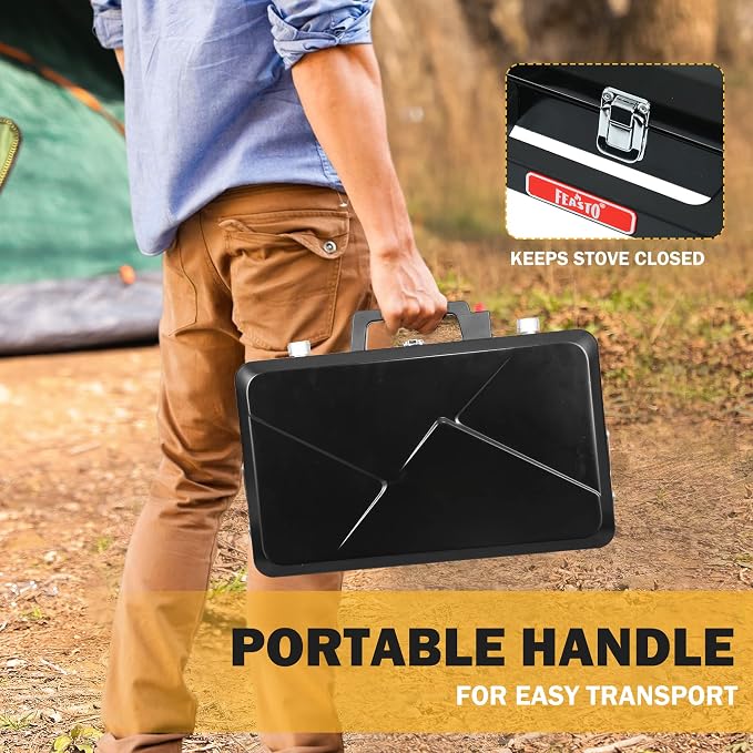 Feasto 2 Burner Propane Camping Stove with Folding Legs, Outdoor Portable Camp Stove with Push-Button Ignition & Wind Guards for Camping, Tailgating, BBQ, & More, Black