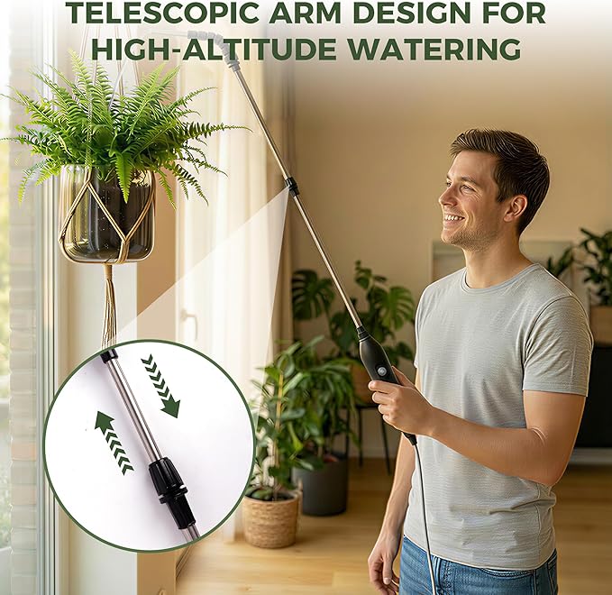 Rechargeable Cordless High Reach Plant Waterer - with Telescopic Wand Plant (25.6–33.4 in), Watering Can Hanging Plants Baskets, 2 Adjustable Nozzles and 8.6ft Water, Hose for Yard Lawn Weeds Plants