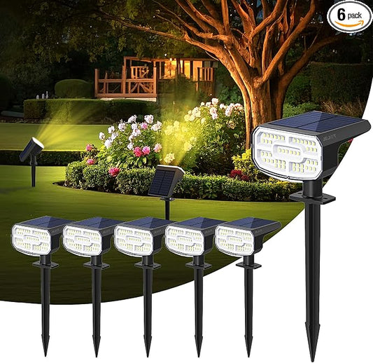JEJOT Solar Lights Outdoor Waterproof IP65,Auto On/Off, 2700K 2 Lighting Modes, Super Bright LED, Solar Powered Yard Garden Solar Spot Lights for Outside Landscape -6 Pack