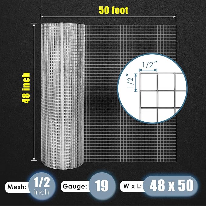 GoldPeak 19 Gauge Hardware Cloth 1/2 inch 48 x 50 ft, Hot-Dip Galvanized After Welding, Chicken Wire Mesh Roll Welded Wire Fencing Gopher Mesh Wire Cloth Tree Guard Garden Fence