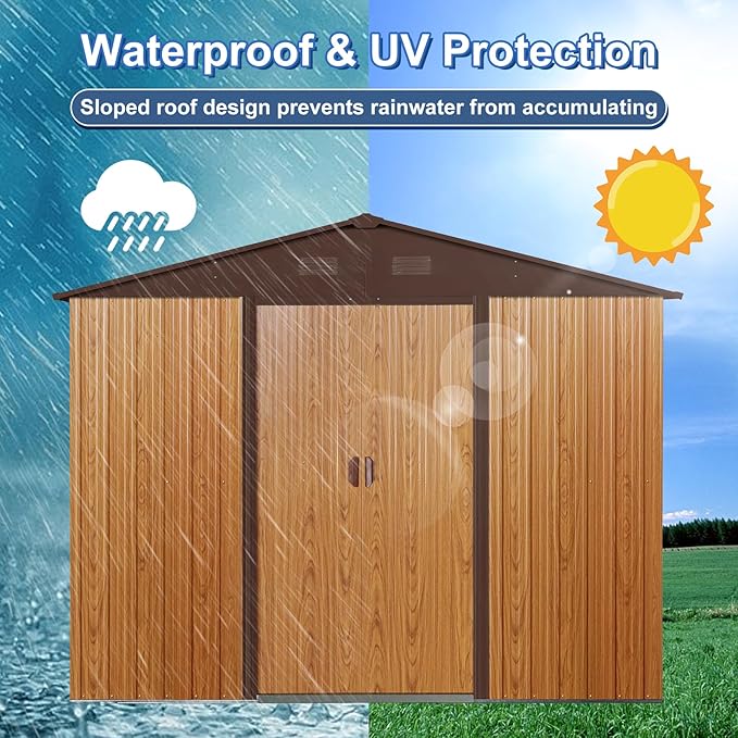 YOPTO 8x6 FT Outdoor Storage Shed,Metal Shed with Floor,Garden Shed W/ 4 Air Vents & Lockable Sliding Door,All Weather Waterproof Tool House W/Sloped Roof,for Backyard,Patio,Lawn,Coffee