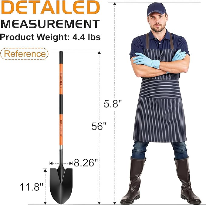 HIGHLIGHT 56-Inch Heavy Duty Round Point Garden Shovel with Non-Slip Fiberglass Handle and Sharp Blade for Deep Digging, Trenching, Landscaping, Snow, Camping and Yard Work - Orange