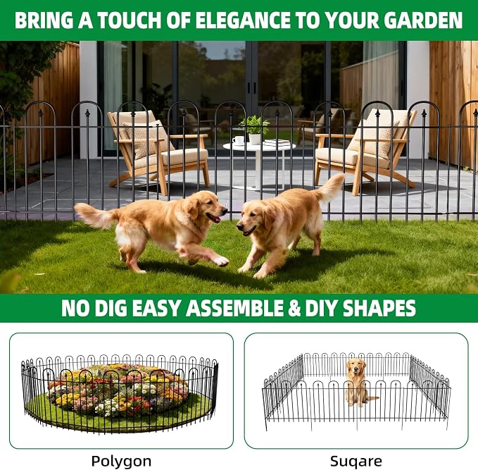 Garden Fence Animal Barrier - 10 Panels, 24 in(H) x 24 ft(L) No Dig Garden Fence, Arched Decorative Garden Fence Border with Ground Stakes, Rustproof Metal Fencing for Yard Patio Dog Rabbit