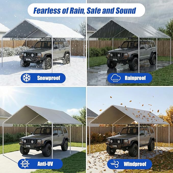 10x20Ft Carport Replacement Canopy Cover, Heavy Duty Waterproof Garage Top Shelter Cover Car Canopy with Ball Bungees,Gray(Frame Not Include)