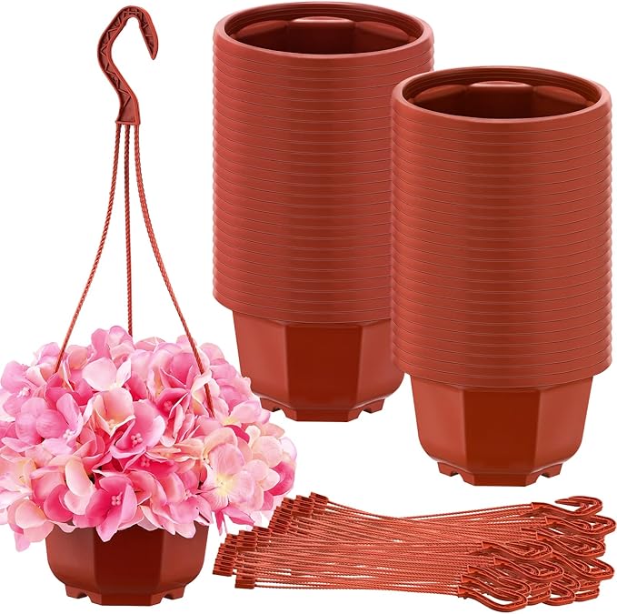 Roshtia 50 Pcs 6.7 Inch Plastic Hanging Plant Pots with Hooks Flower Pots Baskets Outdoor Hanging Nursery Planter Holder for Home Garden Balcony Porch(Brown)