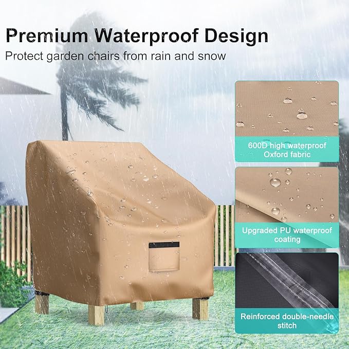 Patio Chair Covers for Outdoor Furniture Waterproof 2 Pack, Lawn Chair Covers 600D Heavy Duty Oxford Cloth, Large Covers for Lounge Lawn Deep Seat 36" W x 37" D x 36" H-Brown