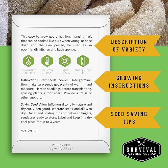 Survival Garden Seeds - Luffa or Loofah Seed for Planting - 1 Packet with Instructions to Plant and Grow Ornamental Gourds in Your Home Vegetable Garden - Non-GMO Heirloom Variety