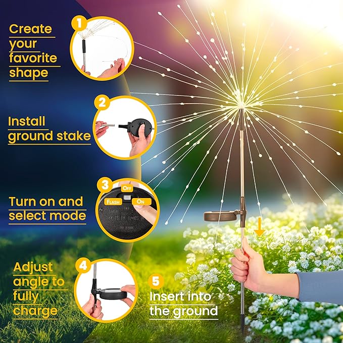 GIGALUMI Garden Decor Outdoor Lights 120LED 2Pack, Solar Garden Lights Outside Fairy Firework Decorative,Solar Powered for Yard Pathway Flowerbed Planter Balcony Patio 4th of July Decor (Multicolor