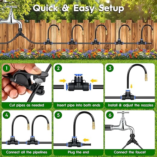 100Ft 360° Adjustable Drip Irrigation System Kit, 1/4 Inch PE Tubing with 20 Bendable Nozzles, Automatic Garden Watering System for Greenhouse, Lawn, Raised Bed, Flower Bed