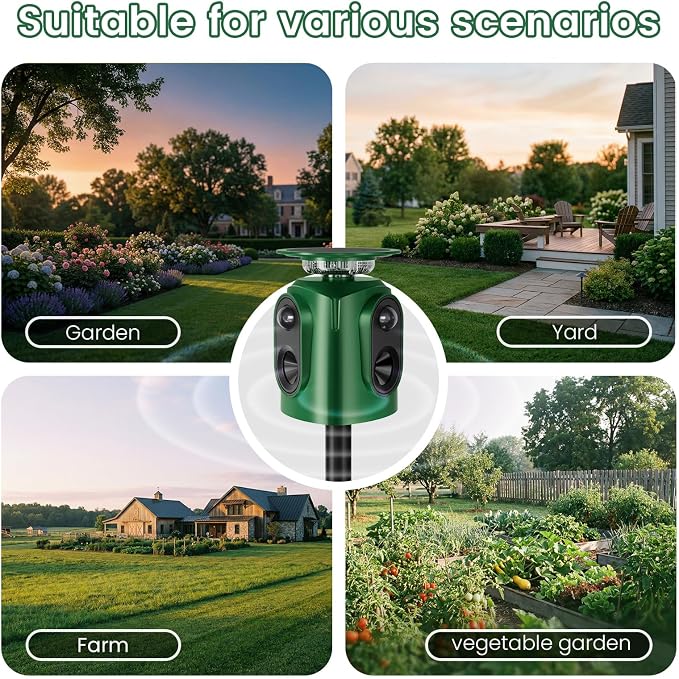 360° Solar Ultrasonic Animal Repellent Outdoor, Deer Repellent Devices with Motion Sensor, IP65 Waterproof Cat Deterrent for Yard, Effective Repel Squirrel, Rabbit, Dog - Green