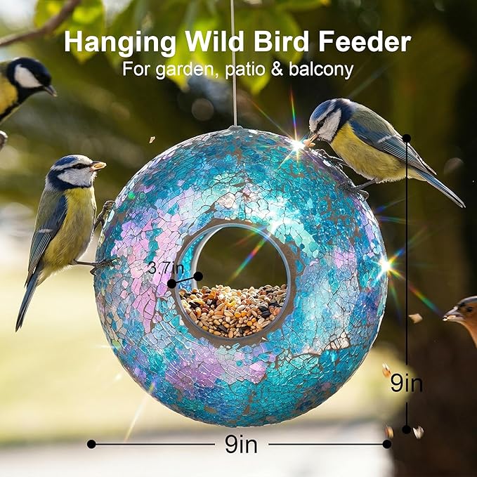 Topadorn Mosaic Bird Feeder Fly Through Hanging Birdfeeder for Wild Bird, 9-Inch Blue Bird Feeder for Gardens, Yards, Decks to Attract Wild Birds