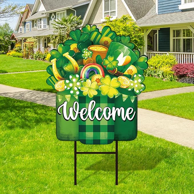 JarThenaAMCS St. Patrick' s Day Metal Garden Stake Welcome Yard Sign Watercolor Green Clover Shamrock Vase Decorative Lawn Sign for Irish Holiday Home Outside Lawn Porch Walkway