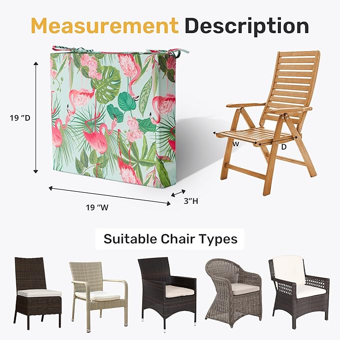 UNIKOME Outdoor Chair Cushions Pack of 4, Water Resistant Patio Cushions with Ties, High Density Sponge Filling Square Corner Seat Cushions for Outdoor Furniture, 19"*19"*3", Flamingos