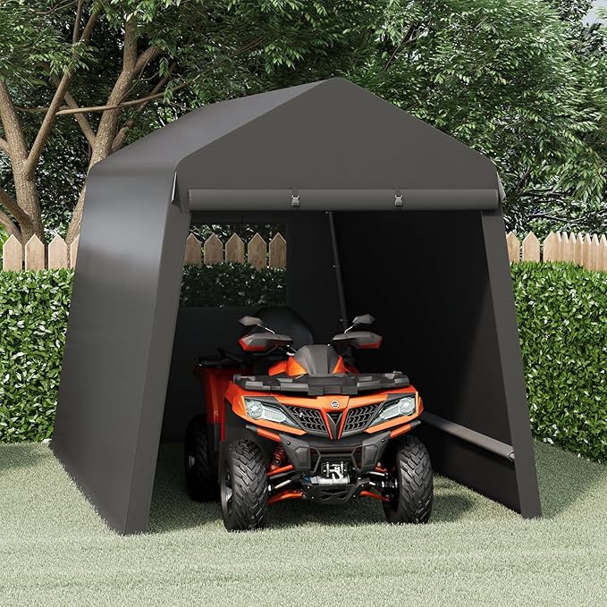 Garvee 7X12 Ft Outdoor Storage Shed, 2 Rolled Up Zipper Doors Portable Storage Shed, Waterproof Cover Vents Carports Temporary Shelter for Bike, Motorcycle, Gardening Tools, Generator, Black
