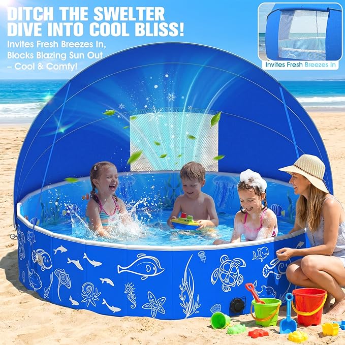 FizZeal Kiddie Pool with Canopy, 51in Foldable Toddler Pool,Pop Up Baby Pool with Shade,UPF 50+UV Portable Swimming Pool for Kids,Collapsible Baby Pool for Beach, Outdoor Toddler Pool for Backyard
