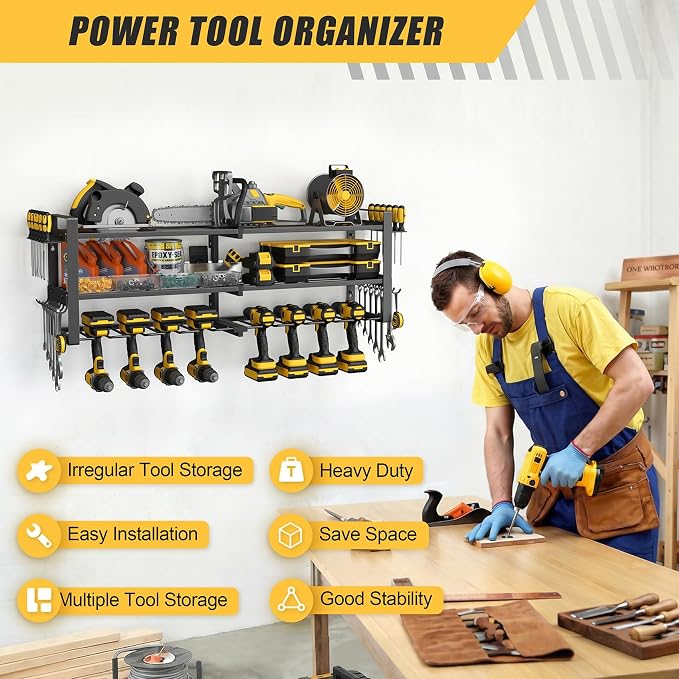 Jusgym Power Tool Organizer Wall Mount |350lbs Garage Tool Storage Rack with 6 Cordless Drill Holder |3-Tier 32''W Heavy Duty Garage Organization |Gifts for Men