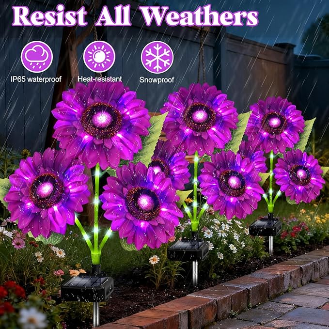 Solar Garden Lights Outdoor, 3 Pack Sunflower Lights with 9 Large Purple Sunflower, Waterproof Garden Decor, Birthday Gifts for Mom Grandma, Decorative Solar Flowers for Pathway Patio Yard Decoration