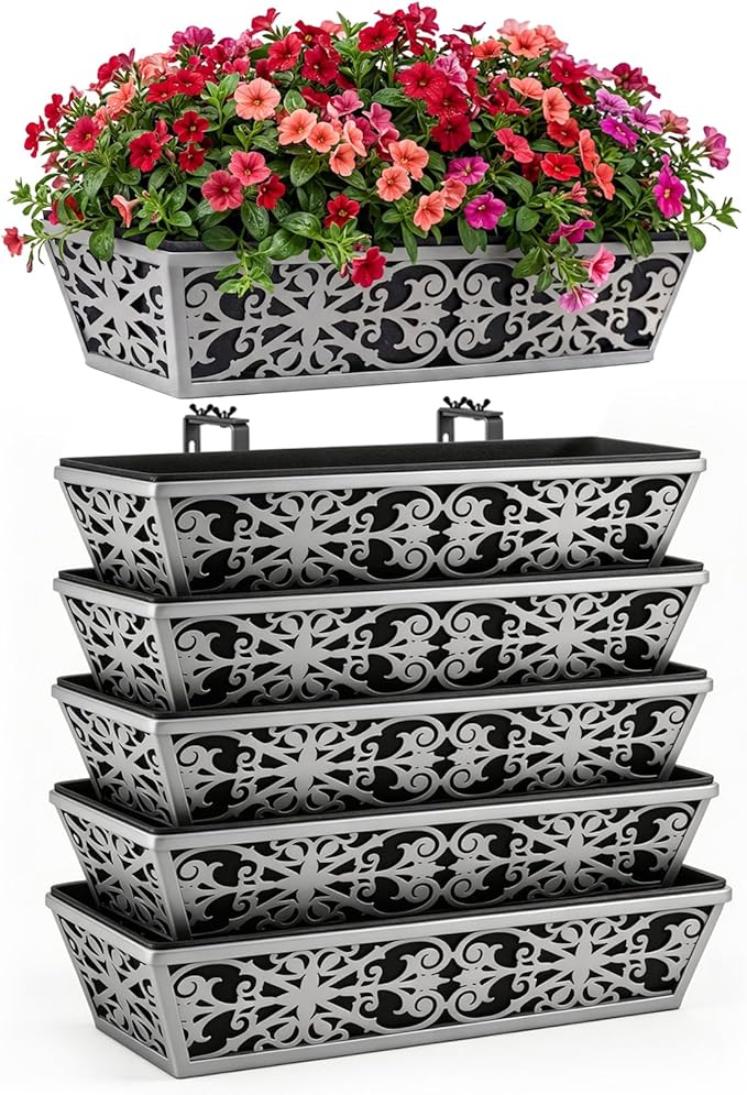 6 Pack 24 Inch Window Boxes Planter for Outdoor Plants Deck Railing Planters Box with Adjustable Brackets for Porch Fence Balcony Hanging Flower Baskets with Non-Woven Fabric Liner for Garden Decor