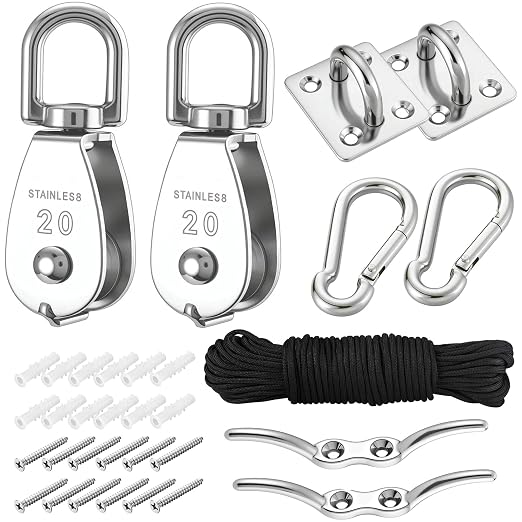 2 Sets M20 Cable Pulley System for Lifting Hanging, Including Heavy Duty Stainless Steel Single Pulley Block with 66FT Nylon Rope, Snap Hooks, Eye Pad Plate, Rope Cleat Hook, Loading 165lb