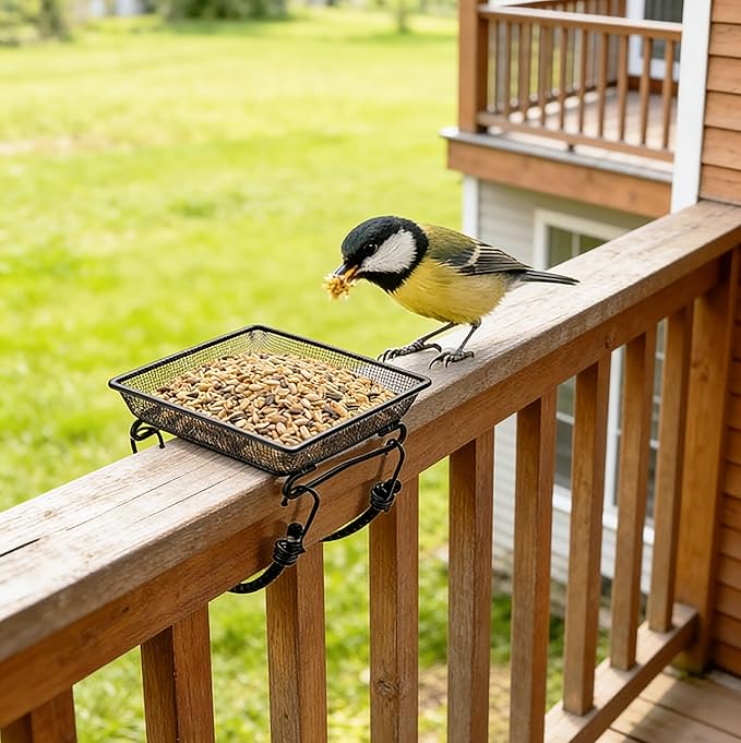 2 Pcs Deck Railing Bird Feeder, Tray for Balcony7×7×2 Inches, with 4 Elastic Cords and Ground Netting, Suitable for Outdoor Areas Such as Backyards and Gardens.