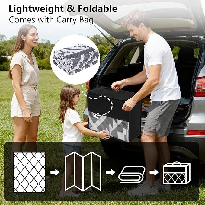COOLTOP 9'x12’ Outdoor Rug for Patios Porches, Waterproof Plastic Camping Rugs, Modern Reversible Mat, Large Area Rugs for Backyard, Deck, RV, Balcony, Picnic, Beach, Grey & White