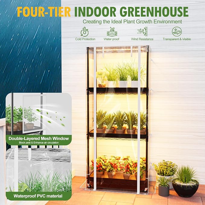 SPECILITE Indoor Greenhouse with Grow Light, DIY 4-Tier Plant Stand with PVC Cover and 99W Full Spectrum 5000K LED Plant Lights, Rolling Plant Shelves with Tent & Timer for Seed Starting, 27x14x59IN
