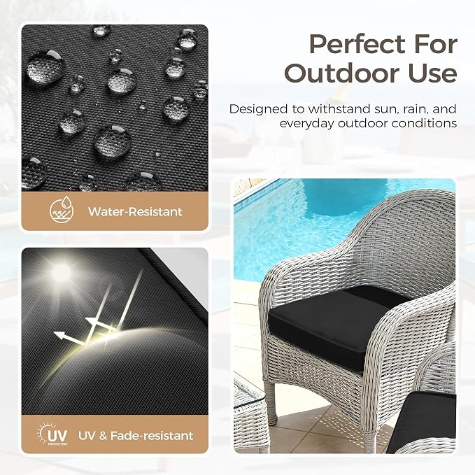 UNIKOME Outdoor Chair Cushions Set of 4, Water Resistant Patio Seat Cushions with Ties for Outdoor Furniture, High-Density Foam, UV & Fade Resistant, Piped Edge – 18.5" x 16" x 3", Black