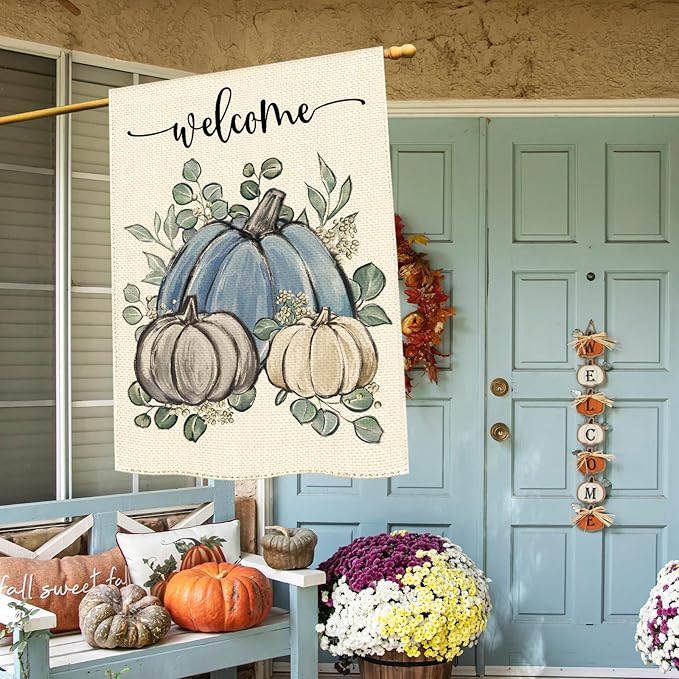 Fall Thanksgiving Blue Pumpkin Garden Flag 28 x 40 Inch, Autumn Grateful Eucalyptus Burlap Double Sided Welcome Large Flag Yard House Farmhouse Seasonal Holiday Patio Outside Decoration
