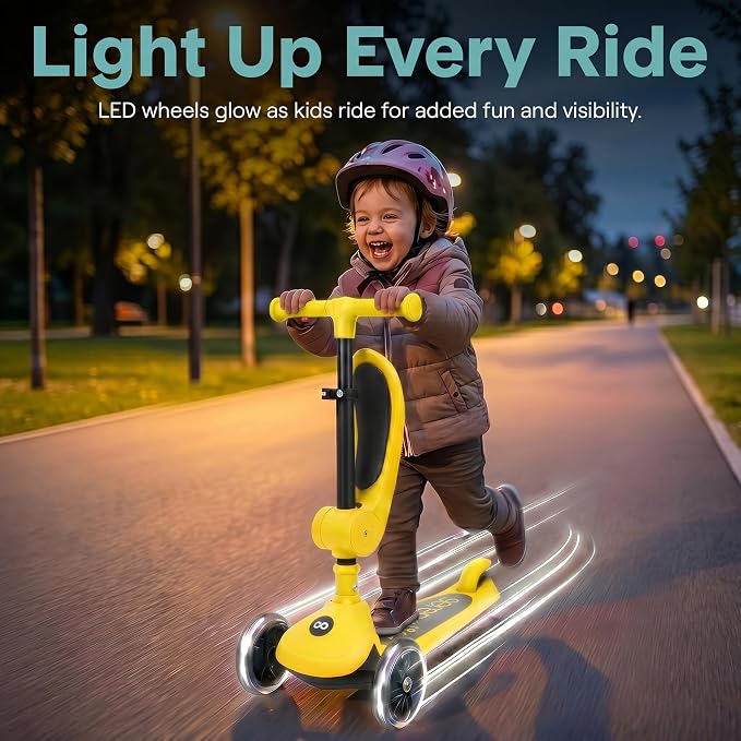 SereneLife 3 Wheel Scooter for Toddlers & Kids, Foldable Seat, LED Wheels, Adjustable Handlebar, Anti-Slip Deck, Rear Foot Brake, Lean-to-Steer, Kid Scooter, Supports up to 110 lbs (Yellow)
