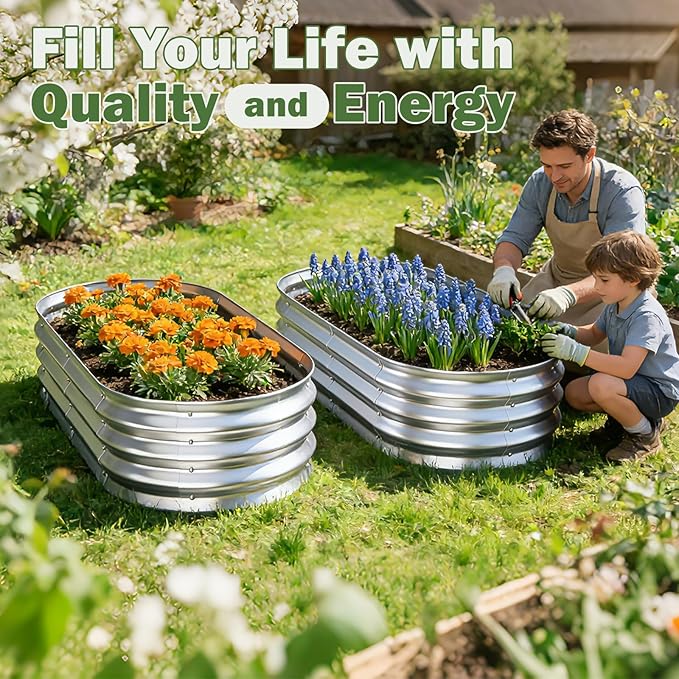 Galvanized Raised Garden Bed Outdoor, 4x2x1ft Metal Heavy Duty Planter Boxes for Gardening, Easy Assemble Bottomless Small Oval Plant Container Kit for Vegetable, Flower, Fruit, Silver, 1Pack
