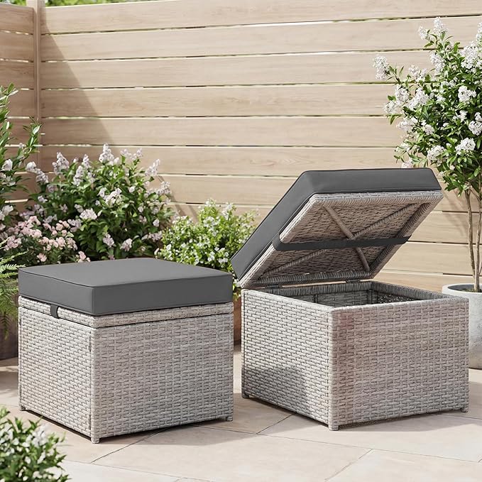 DoubleFill 1 Pcs Outdoor Ottoman Cushion 23"x19"x3" Waterproof Fade Resistant Outdoor Footstools Cushion Removable Patio Ottoman Cushions with Adjustable Fixing Strap for Stool (Grey)