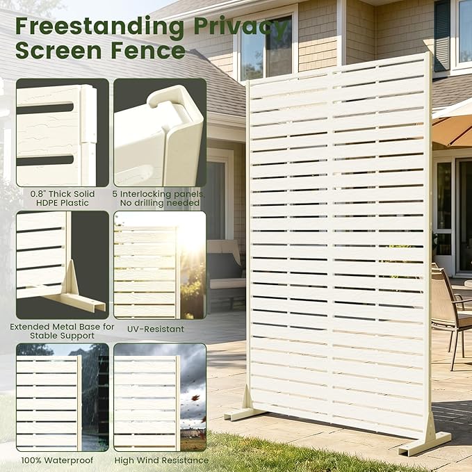 Outdoor Privacy Screen 60" H HDPE Decorative Panel Freestanding Privacy Fence with Stand, Privacy Screens with Louvered 5 Panels, Weather-Resistant Panel Fence for Patio,Balcony,Pool,White