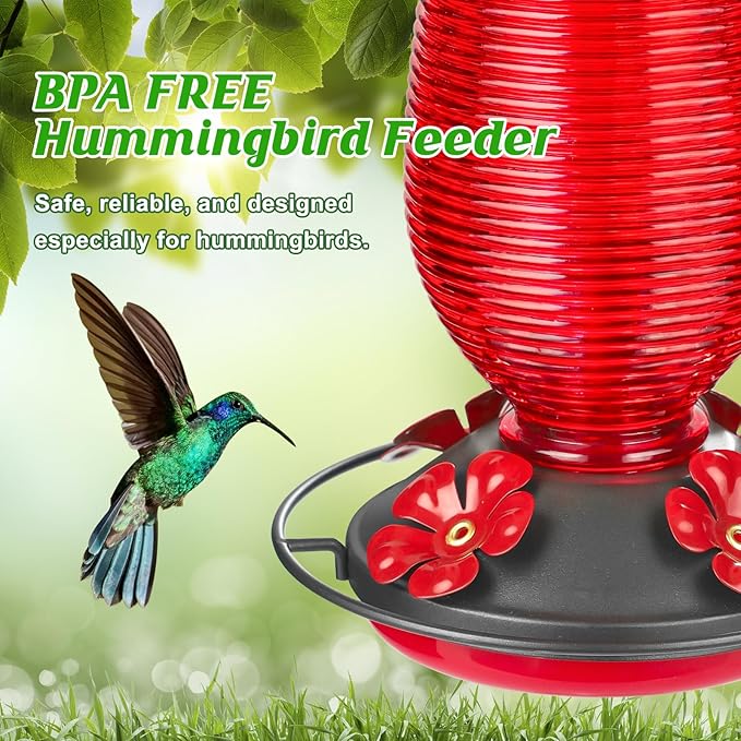 FEED GARDEN Glass Hummingbird Feeder for Outdoors Hanging, 20 OZ Humming Birds Feeders with 6 Bee Guard Feeding Ports & Built-in Ant Moat, Bird Feeder for Outside, Red