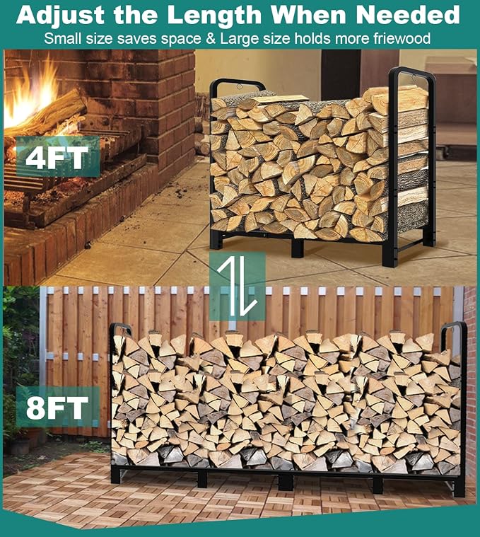 8Ft Firewood Rack Adjustable Fireplace Wood Holder for Outdoor Indoor Storage Log-Heavy Duty Fire Log Lumber Stand Stacker, Black