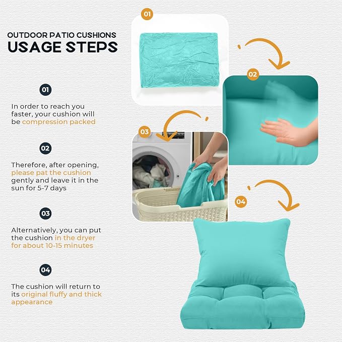 22x22 Waterproof Outdoor Chair Cushions Set of 2, Patio Cushions for Outdoor Furniture Water-Resistant & Fade-Resistant, Deep Seat & Back Cushion for Wicker Sofa (Teal)