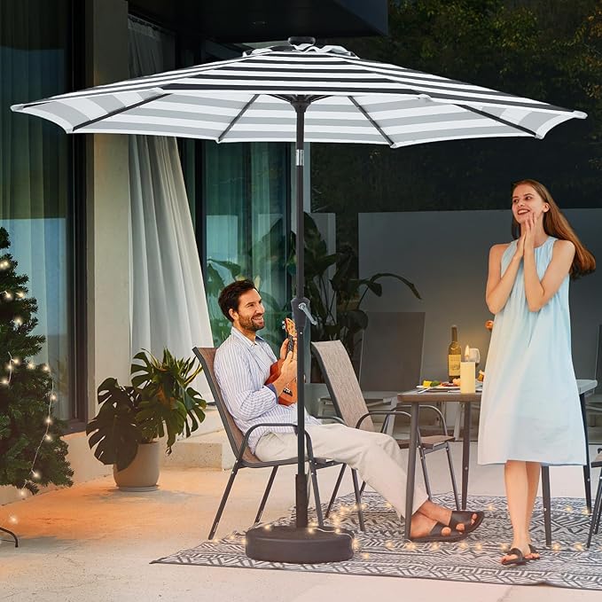 JEAREY 9FT Outdoor Patio Umbrella with Solar Lights, LED Lighted Pool Umbrella with Tilt and Crank, Outdoor Table Umbrellas for Deck, Yard & Market (Black & White Stripe)