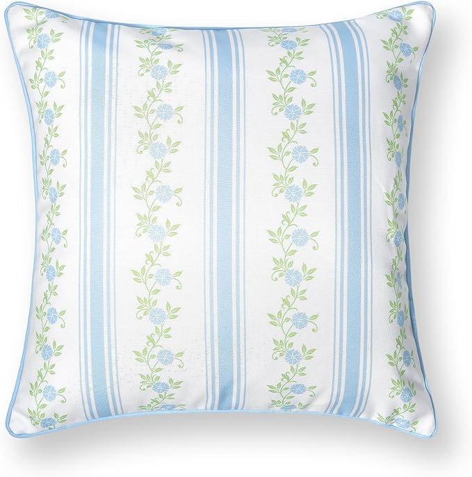 Hofdeco Premium Coastal Patio Indoor Outdoor Throw Pillow Cover Only, 20"x20" Water Repellent for Backyard, Couch, Baby Blue Print Stripe Floral (Pack of 2)