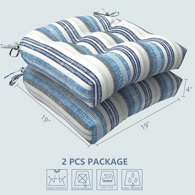 LVTXIII Patio U-Shaped Wicker Seat Cushion, Outdoor Tufted Chair Pads Decorative Seat Cushion Set for Garden Home Office Furniture Ornament, 19”x19”x4”, Pack of 2, Stripe Layered Blue