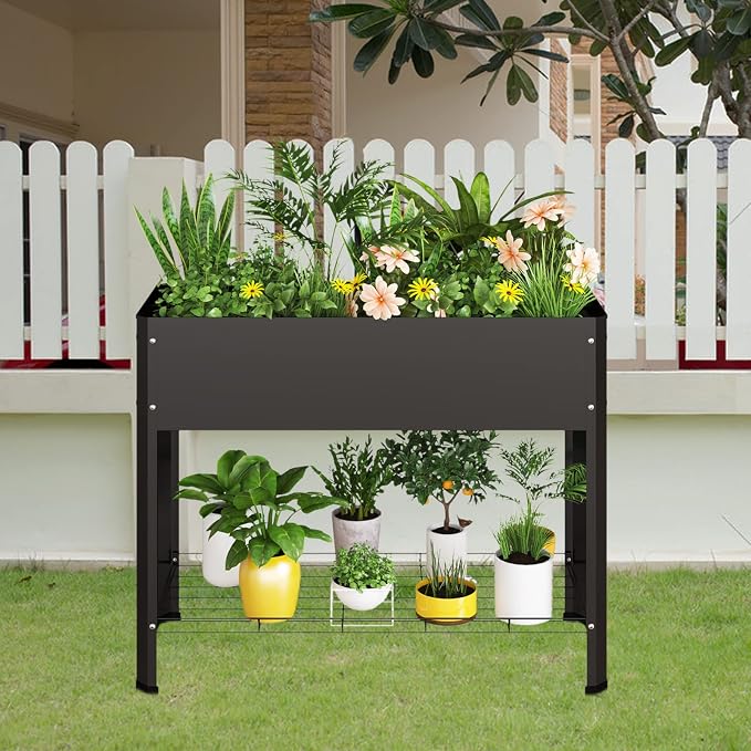 PROXRACER Raised Garden Bed with Detachable Legs Elevated Metal Planter Box for Growing Fresh Herbs Vegetables Flowers Succulents&Other Plants for Outdoor Backyard Patio Deck Balcony Black L