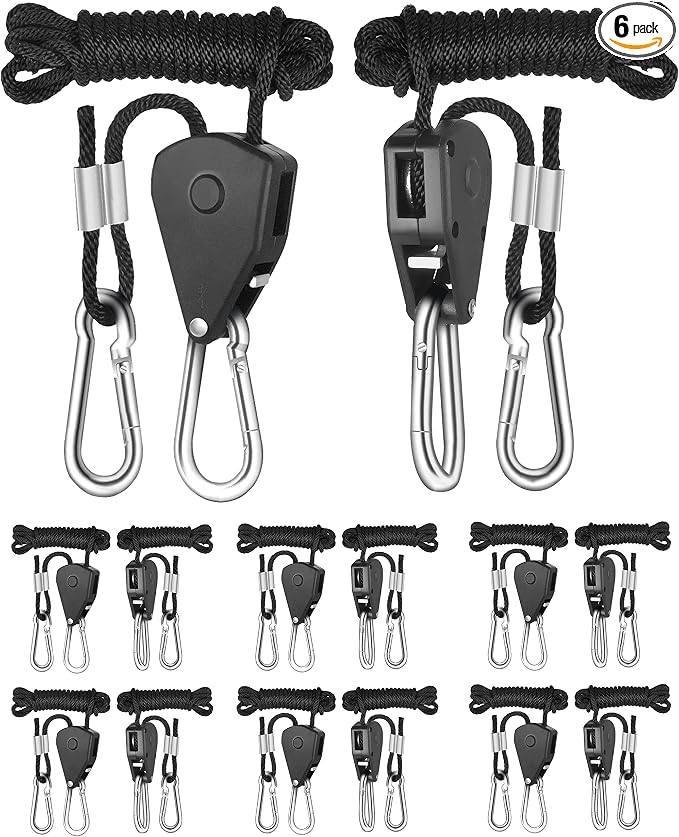 YSSOA 6 Pairs 1/8 inch Grow Light Hangers Adjustable Heavy Duty Rope Hanger for Grow Light Fixtures & Garden, 8 Feet Long & 150lbs Weight Capacity, Black