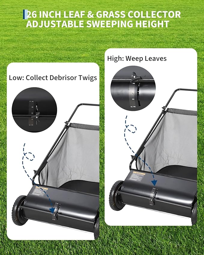 26-Inch Push Lawn Sweeper, 7 Cu. Ft. Hopper Leaf & Grass Collector, 4 Spinning Brushes, Adjustable Brush Height, Manual Yard Sweeper for Grass Clippings, Leaves & Light Debris, Black