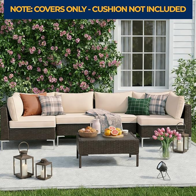 HOMREST 14-Piece Outdoor Cushion Covers Set for Patio Furniture, Reversible Double-Sided Sofa Slipcovers with Zipper, Water-Repellent Replacement Covers Only (Khaki, 25.6×25.6×3.9in)