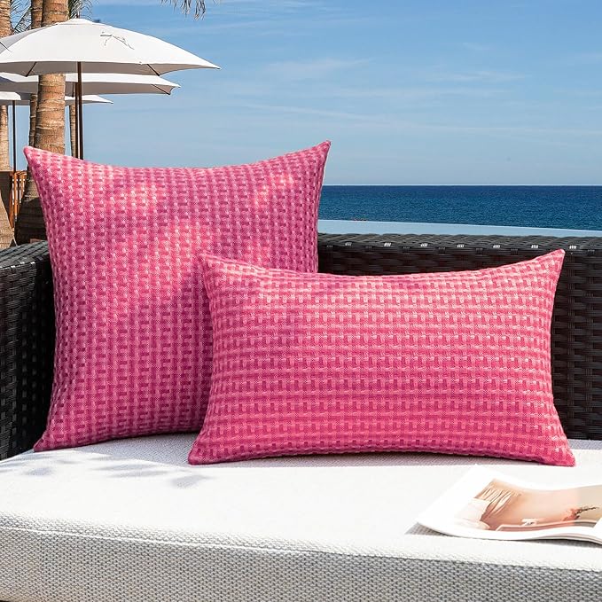 Kevin Textile Outdoor Waterproof Throw Pillow Covers Pack of 2 Valentines Weaving Texture Water Resistant Decorative Cushion Covers for Garden Patio Tent Balcony Bench Couch 16x16 Inch, Hot Pink