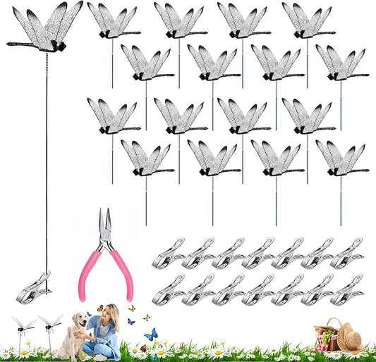 16Pcs Dragonfly Clip, Black DIY Dragon Fly Clips, Fake Dragonfly Garden Outdoor Decor, Plastic Dragon Fly Plant Pot Decorations with Pliers & Clips-Small