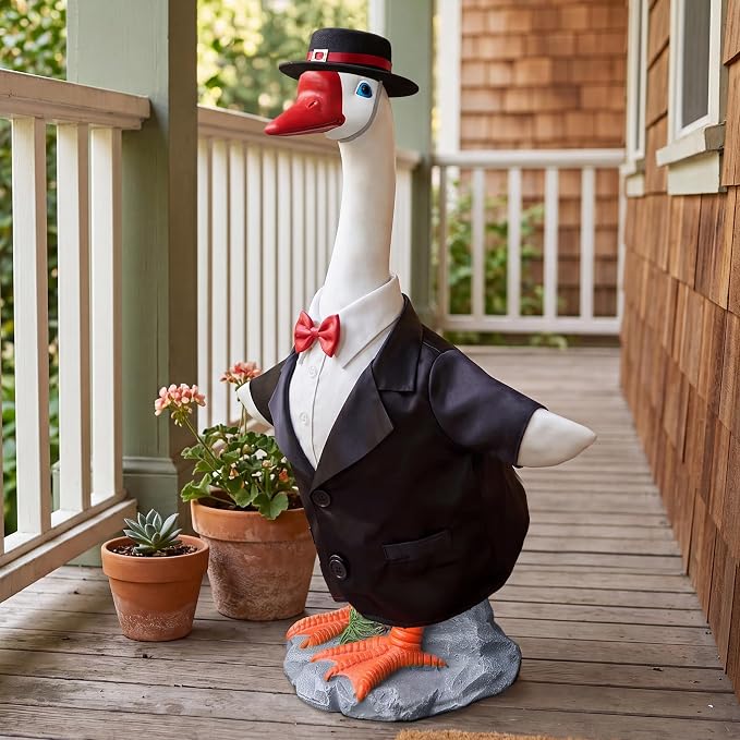 Porch Goose Statue with Gentleman Black Siut Outfits- 19.5" Garden Resin Goose Decorative Figurine Cute Sculpture for Outdoor Indoor Patio Lawn Yard Balcony Decor Housewarming Gifts